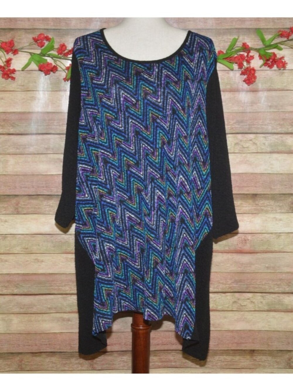 Catherines Womens 2X Art to Wear Top Stretch Blue Black & Purple Asymmetric